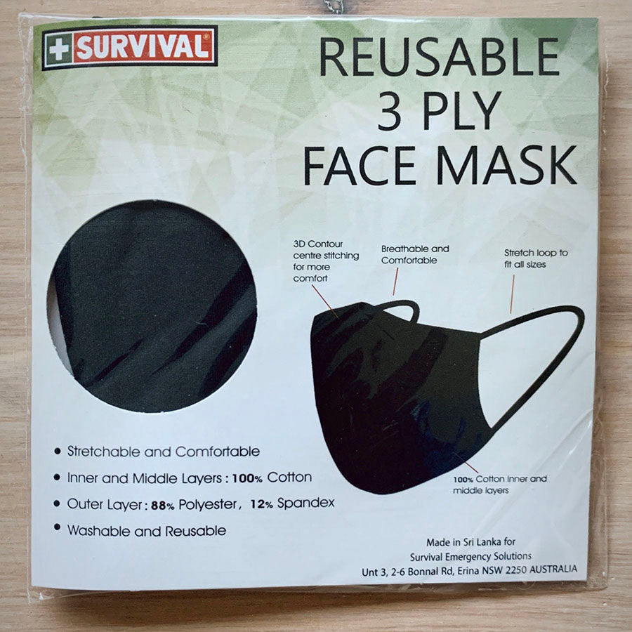 3ply Reusable, Washable Cloth Face Mask, S-M, Black - SURVIVAL