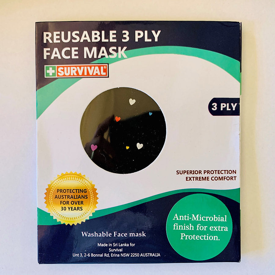 3ply Reusable, Washable Cloth Face Mask, Hearts - SURVIVAL