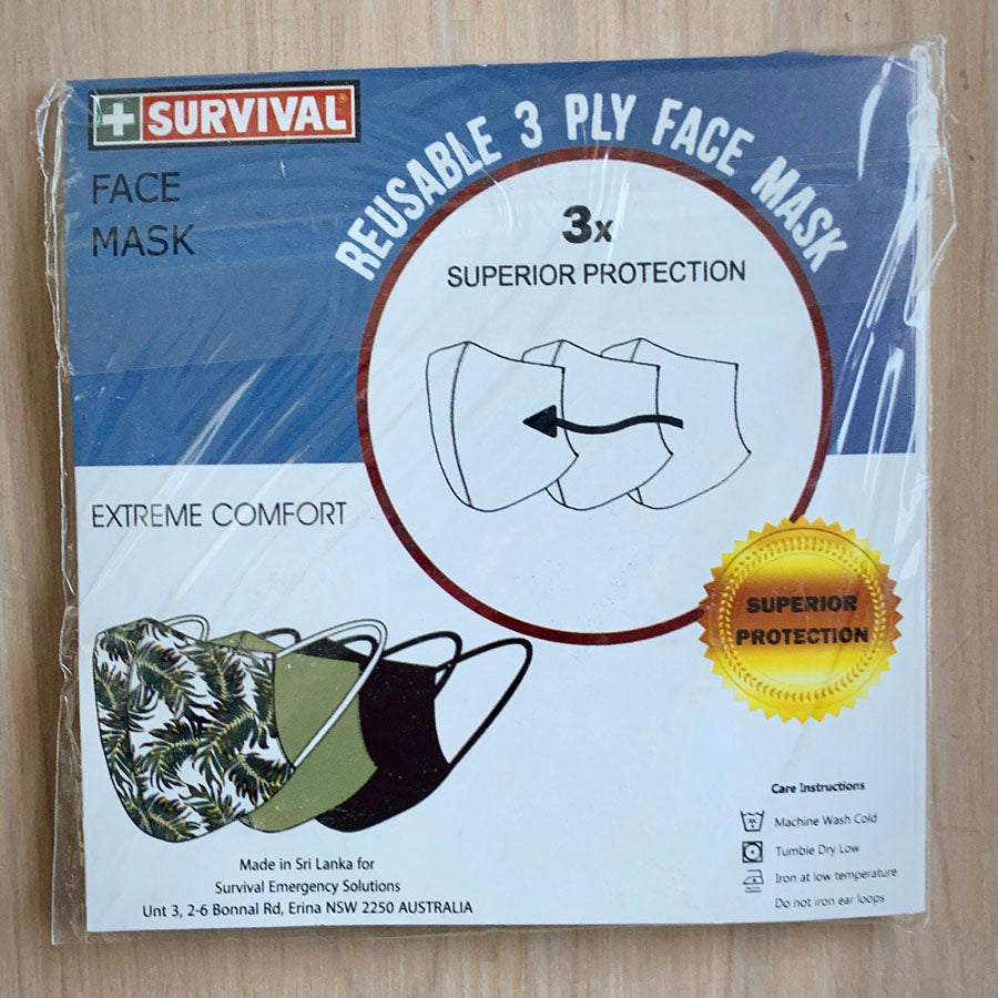 3ply Reusable, Washable Cloth Face Mask, S-M, Black - SURVIVAL