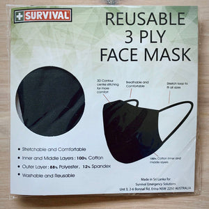 3ply Reusable, Washable Cloth Face Mask, S-M, Black - SURVIVAL